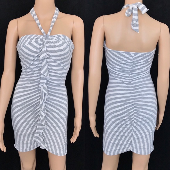 bebe Dresses & Skirts - Bebe Halter White/Grey Stripped Dress